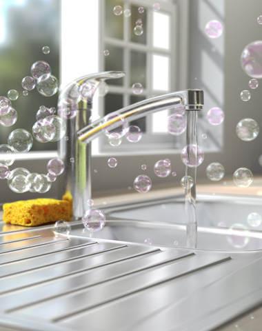 A stainless steal kitchen faucet with running water and bubbles coming out of the sink floating away